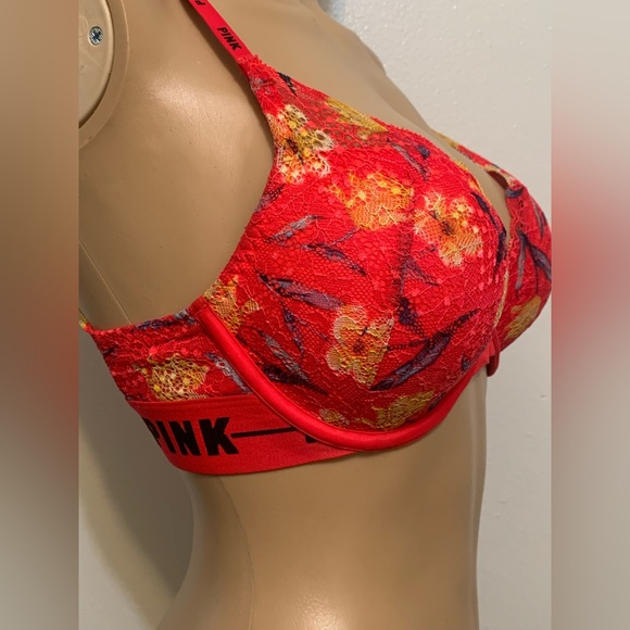 PINK Victoria’s Secret Bright Red Lace Floral Date Push Up Racerback 34C - Picture 6 of 8